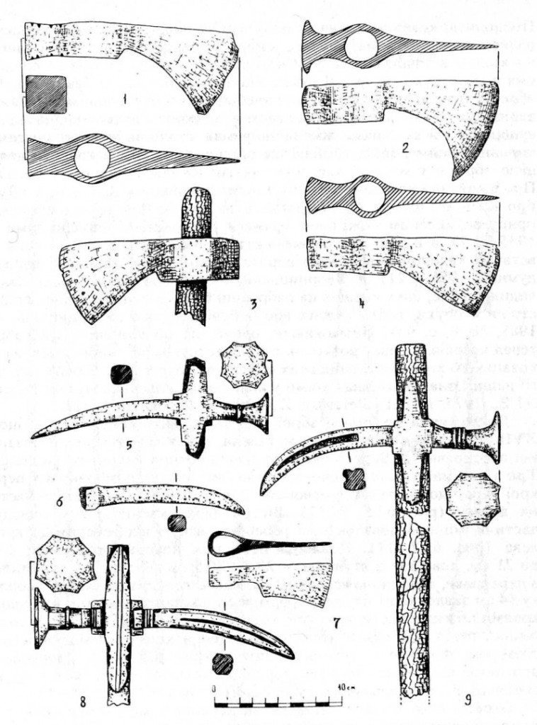 Рис. 10. Козацькі  чекани (1-4,7) і келепи (5,6,8,9) з переправи [1]