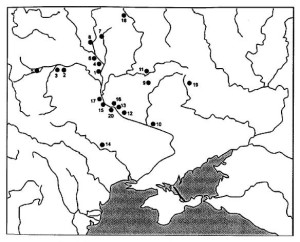 Мапа пам’яток зарубинецької культури зі знахідками предметів озброєння